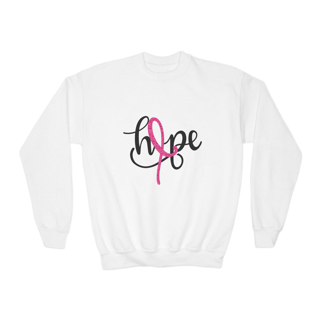 Youth Crewneck Sweatshirt — "Hope" Pink Ribbon Embroidered Breast Cancer Awareness