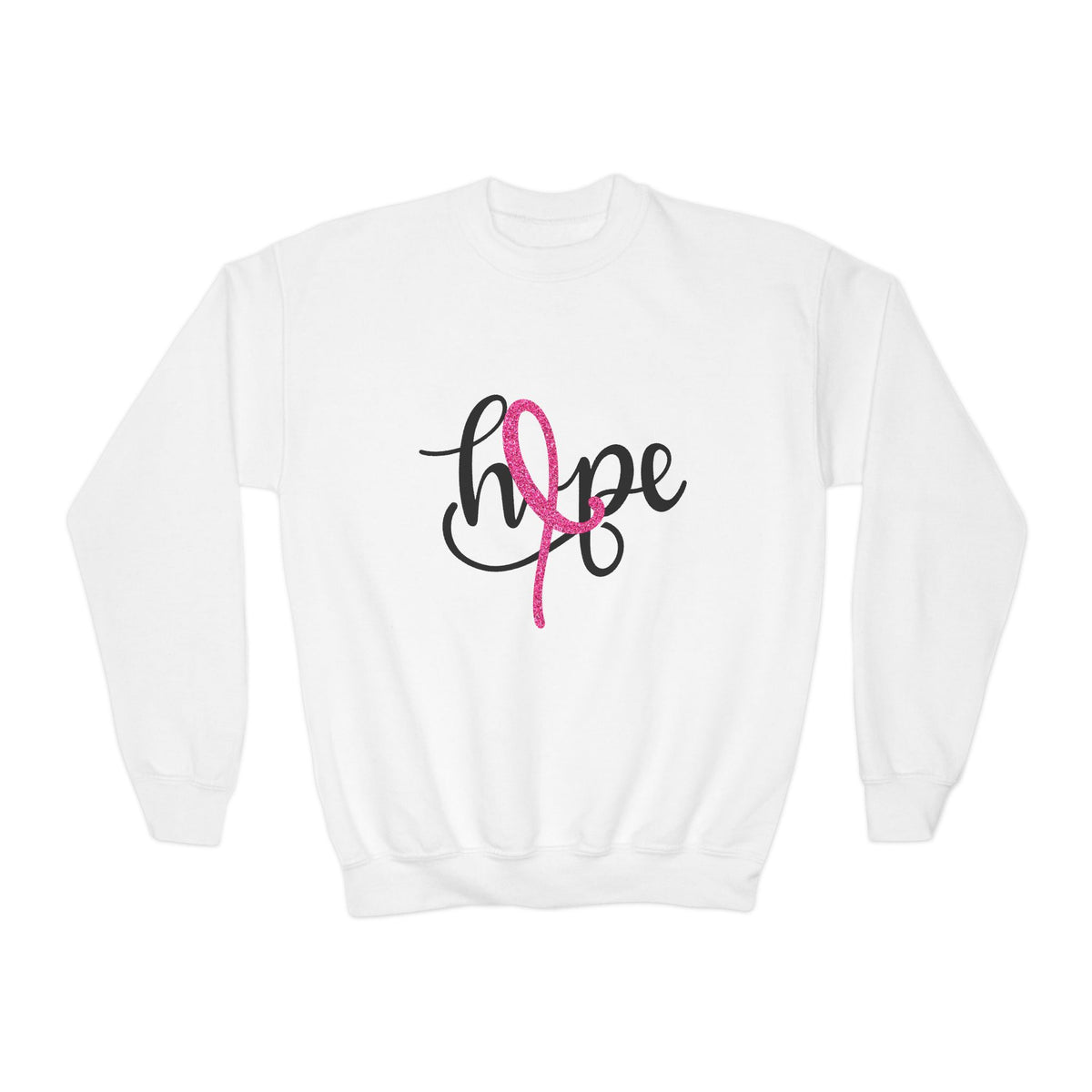 Youth Crewneck Sweatshirt — "Hope" Pink Ribbon Embroidered Breast Cancer Awareness