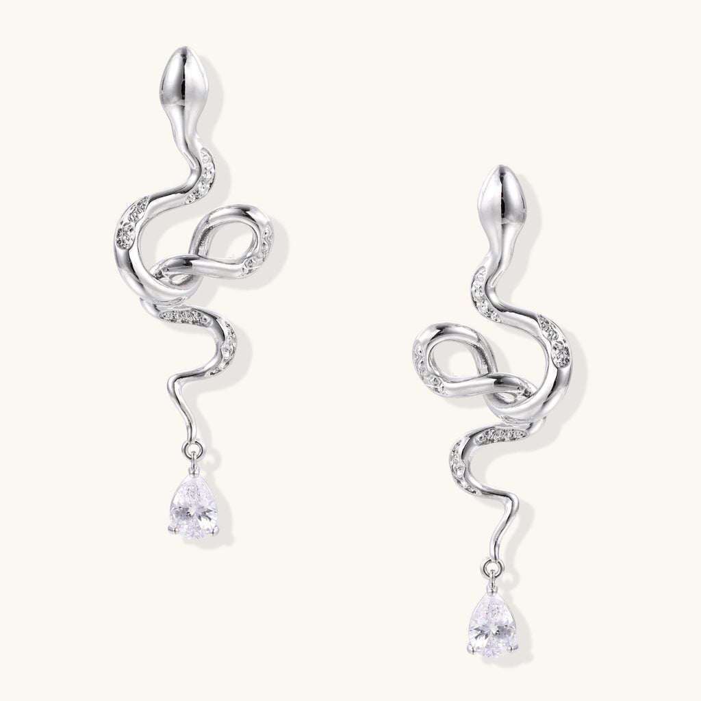 Silver snake-shaped drop earrings with crystal accents and teardrop stone dangles on cream background.
