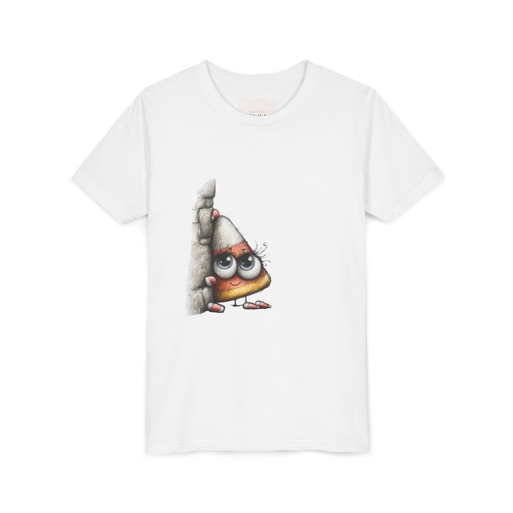 Peeking Candy Corn Halloween Youth Tee | Cute Halloween Candy Corn Illustration