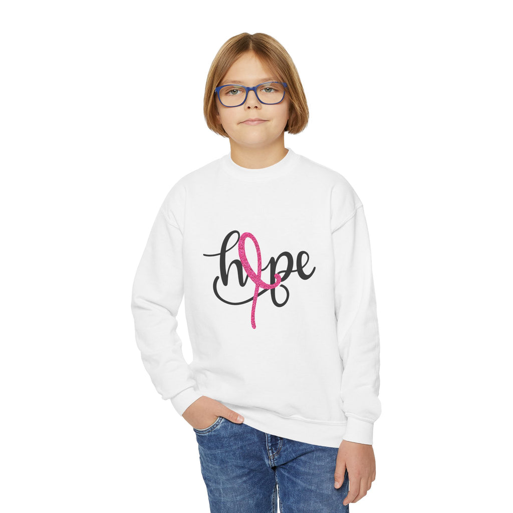 Youth Crewneck Sweatshirt — "Hope" Pink Ribbon Embroidered Breast Cancer Awareness