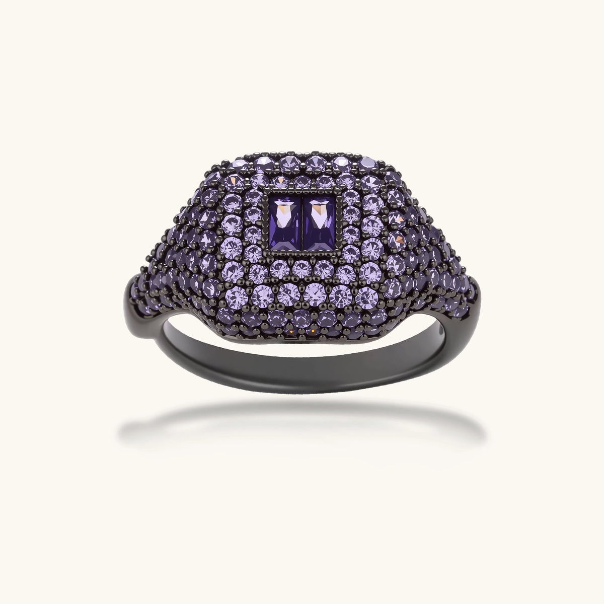 Bold adjustable ring with purple zirconia stones in dense pavé setting on dark gunmetal plated copper band